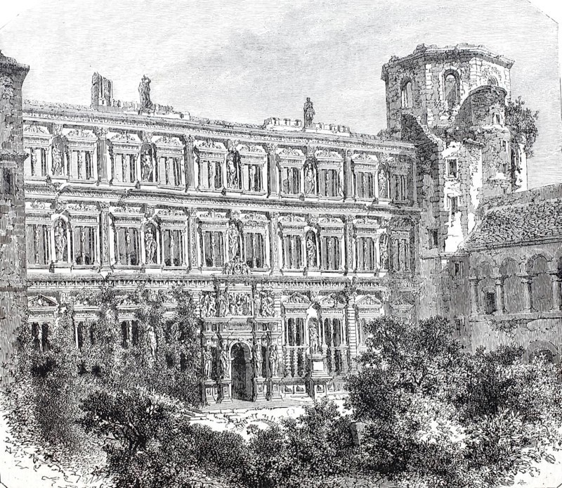The faÃ§ade of the Otto Heinrich House in Heidelberg, around 1870, Germany, digitally enhanced reproduction from a 19th century model, historical, exact date unknown