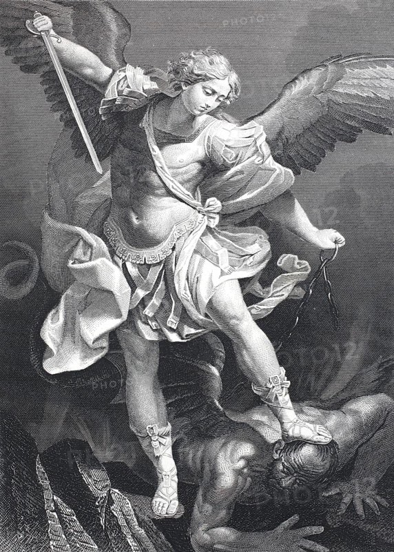 The Archangel Michael, after a painting by Guido Reni, illustration from 1870, digitally enhanced reproduction from a 19th century original, historical, exact date unknown