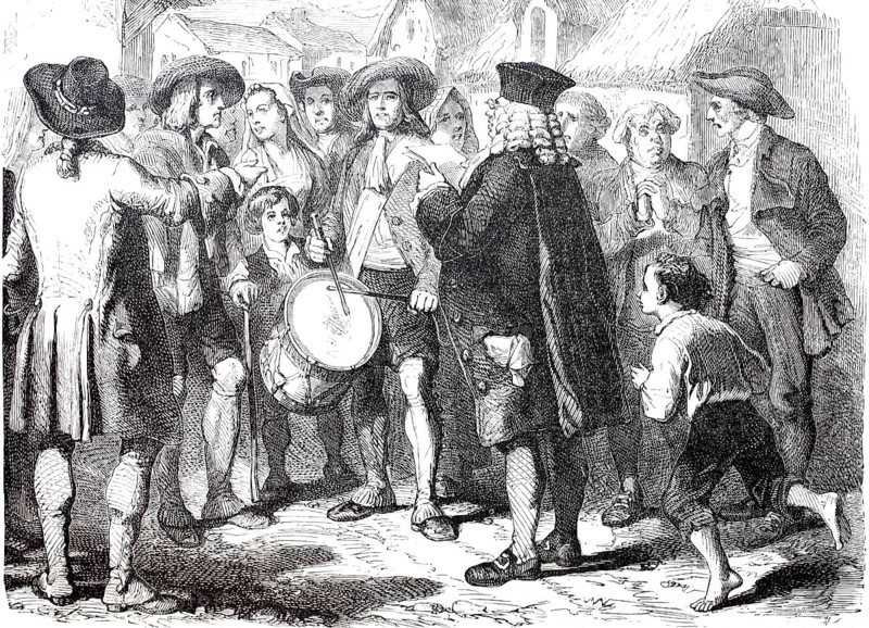 A mayor, an official in charge of the legal system, reads a proclamation to the people, 1870, France, digitally enhanced reproduction of a 19th century original, historical, exact date unknown