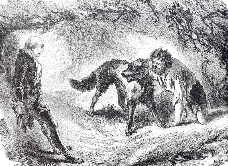 Elegant man meets a derelict hermit with a pet wolf in the forest, 1875, Novel illustration, digitally enhanced reproduction from a 19th century original, Historical, exact date unknown