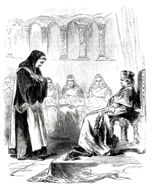 Life in the monastery, monks, a prior, the head of the monastery, bows to the bishop, 1860, digitally enhanced reproduction from a 19th century original, historical, exact date unknown