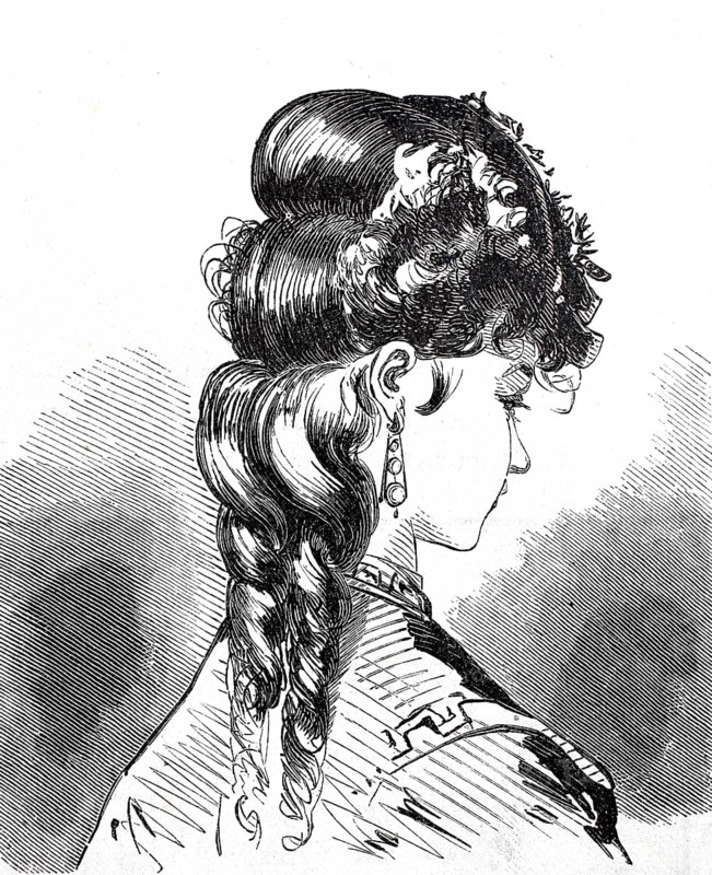 Women's heads, hairstyles and headgear around 1860, dress a la Watteau, wadding, rococo, historical, digitally enhanced reproduction of a 19th century model