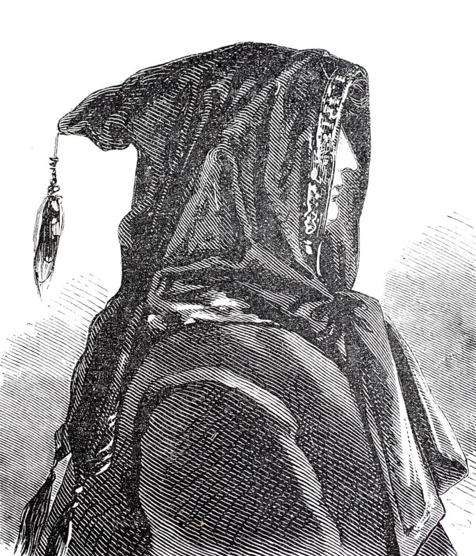 Women's heads, hairstyles and headgear around 1860, Baschlik, a hood-like bonnet with two long tails that can be wrapped around the neck like a scarf, Historical, digitally enhanced reproduction of a 19th century model