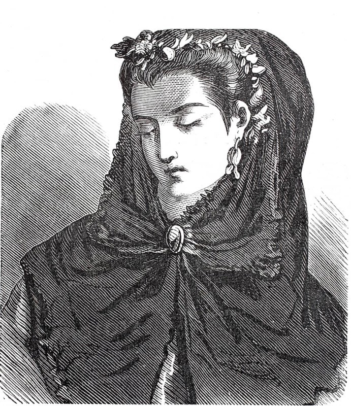 Women's heads, hairstyles and headgear around 1860, hat with Spanish mantilla, lace veil worn around head and shoulders, Spain, Historical, digitally enhanced reproduction of a 19th century model