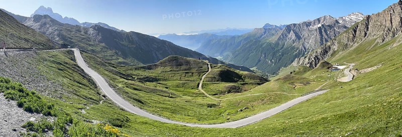 Panoramic view of southern ramp southern ascent mountain road alpine road to third highest asphalted pass in the Alps highest border pass pass in the high Alps alpine pass above tree line 2744 metre high Col d'Agnel, Colle dell'Agnello, Pontechianale, Italy