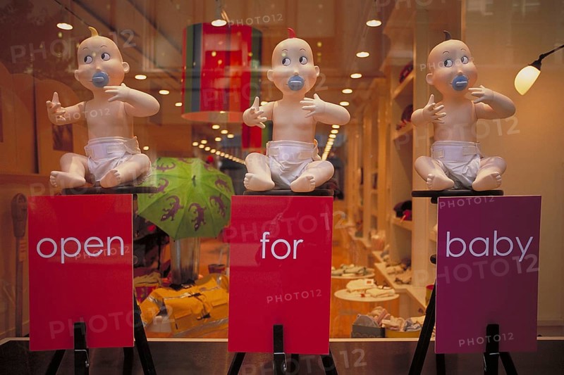 Baby mannequins in a baby equipment shop, New York City, USA