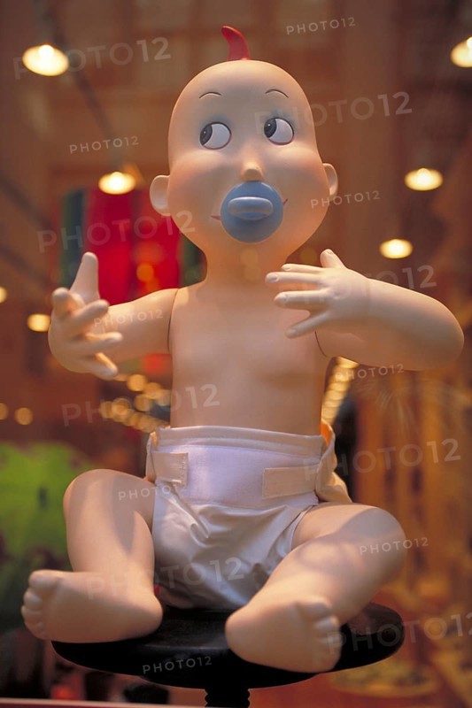 Baby mannequin in a baby equipment shop, New York City, USA