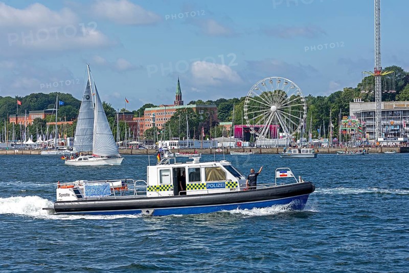 Sailing boat, police boat, Ferris wheel, Kieler Woche, Kiel, Schleswig-Holstein, Germany