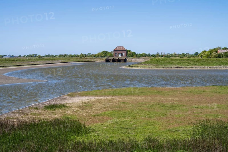 Barrage at the Siel, Tammensiel, Pellworm Island, North Frisia, North Sea, Schleswig-Holstein, Germany