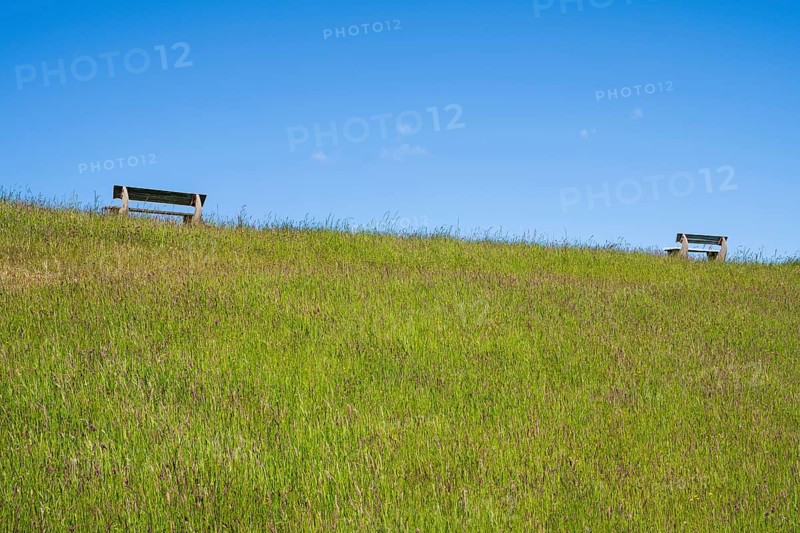 Benches on the dyke, Pellworm Island, North Frisia, North Sea, Schleswig-Holstein, Germany