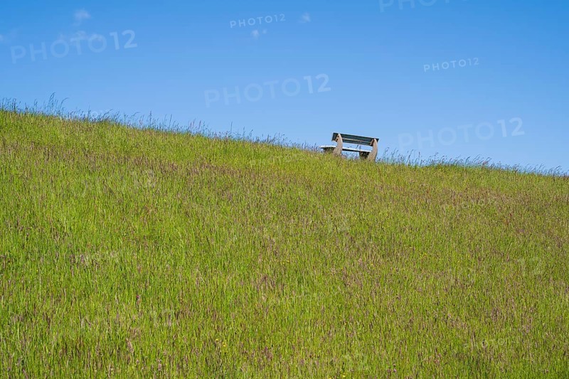 Lonely bench on the dyke, Pellworm Island, North Frisia, North Sea, Schleswig-Holstein, Germany