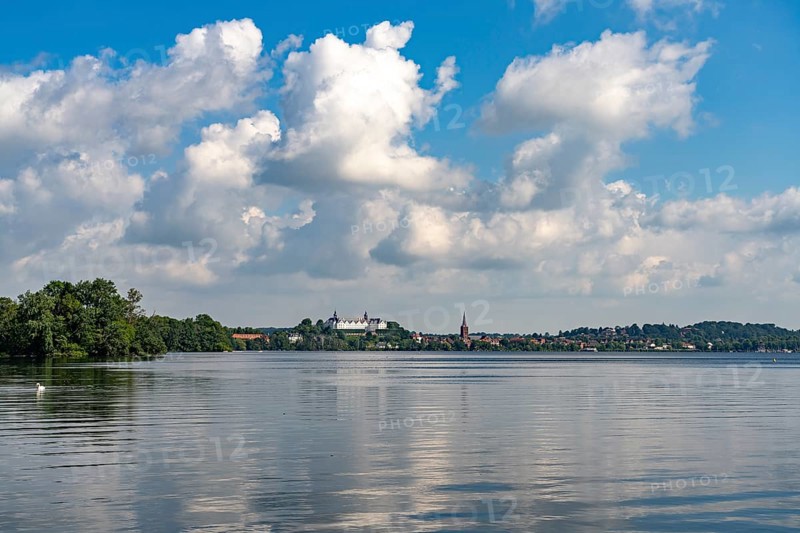 The Great Plön Lake, Nikolai Church and Plön Castle in Plön, Schleswig-Holstein, Germany