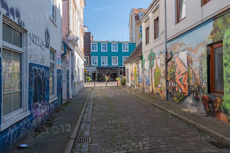 Residential street in the Ostertor quarter a popular residential area, eastern suburb, Wilhelminian style buildings, cobblestones, traffic-calmed, graffiti on facades, colourful, narrow footpath, Bremen, Germany