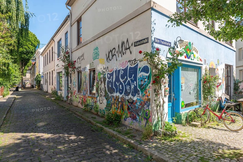 Residential street in the Ostertor neighbourhood a popular residential area, eastern suburb, Wilhelminian style building, traffic-calmed, corner house, facades, graffiti, cobblestones, farm shop, shop, bicycle stand, trees, sunshine, Bremen, Germany