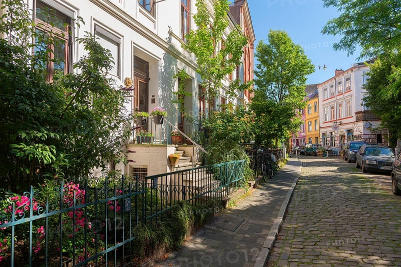 Residential street in the Ostertor neighbourhood a popular residential area, eastern suburb, Wilhelminian style building, stairs to the entrance, facades, cars parked, small front garden, plants and trees, metal fence, cobblestones, traffic-calmed, Bremen, Germany