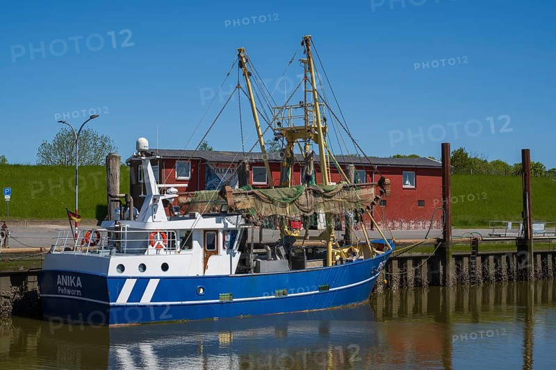 Fishing boat in the harbour of Tammensiel, Pellworm Island, North Frisia, North Sea, Schleswig-Holstein, Germany