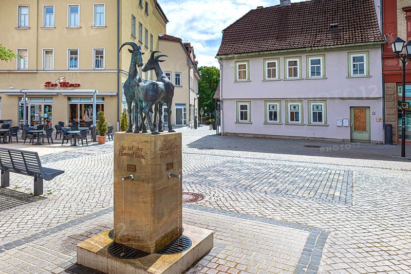 Goat fountain in the StraÃŸe des Friedens in Ilmenau, Thuringia, Germany