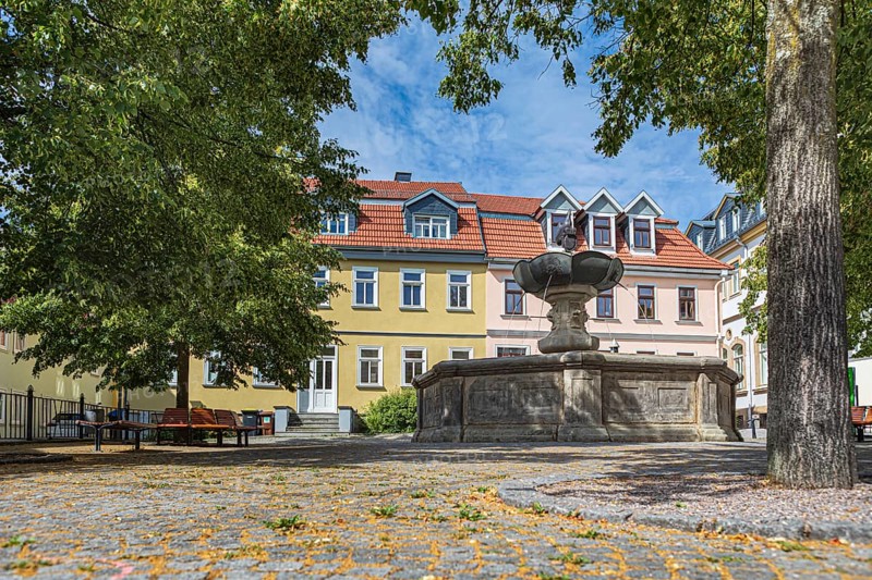 Hennebrunnen fountain on the market square in Ilmenau, Thuringia, Germany