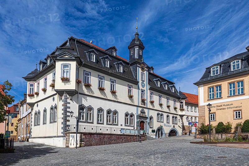 At the market with town hall and Göthe City Museum in Ilmenau, Thuringia, Germany