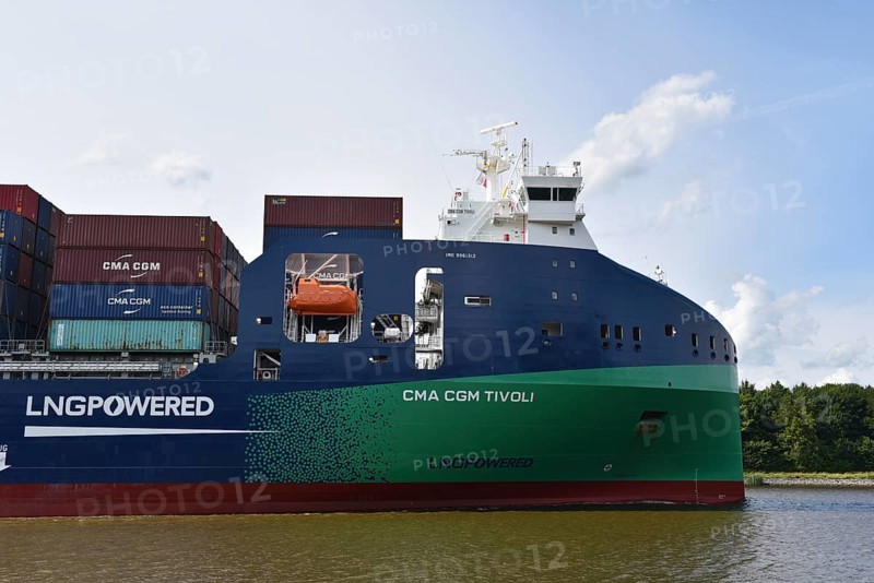 Container ship CMA CGM TIVOLI travelling through the Kiel Canal, Kiel Canal, Kiel Canal, Schleswig-Holstein, Germany