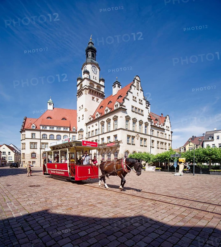 Döbeln tram, historic horse-drawn tram at the Döbeln upper market, rail transport, local public transport, tradition, traditional association, museum, museum railway, old town, Döbeln, Saxony, Germany