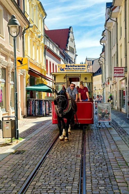 Döbeln tram, historic horse-drawn tram in Döbeln's old town, rail transport, public transport, tradition, traditional association, museum, museum railway, Döbeln, Saxony, Germany
