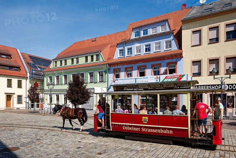 Döbeln tram, historic horse-drawn tram at Döbelner Untermarkt, rail transport, local public transport, tradition, traditional association, museum, museum railway, old town, Döbeln, Saxony, Germany