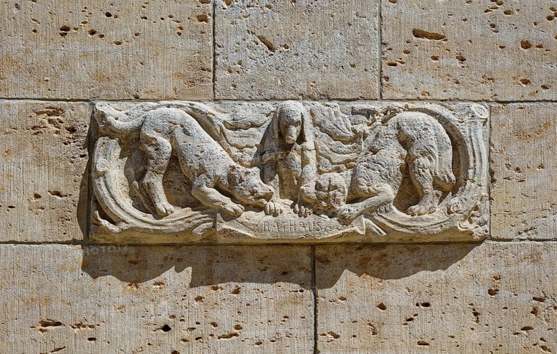 Dispute over the new town hall, relief on the Döbeln town hall, Obermarkt, Döbeln historic centre, Saxony, Germany