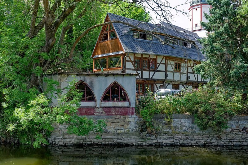 Historic dyers' houses on the Mulde river, renovated half-timbered buildings, Döbeln old town, Döbeln, Saxony, Germany