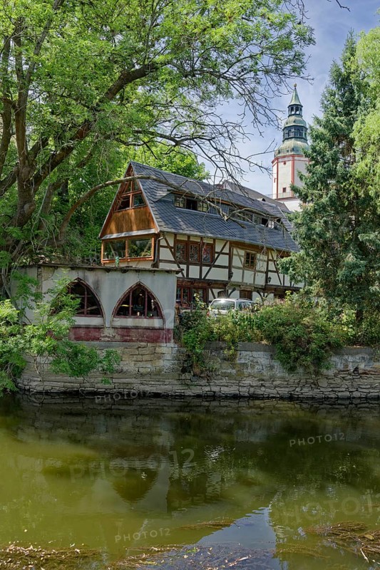 Historic dyers' houses on the Mulde river, renovated half-timbered buildings, Döbeln old town, Döbeln, Saxony, Germany