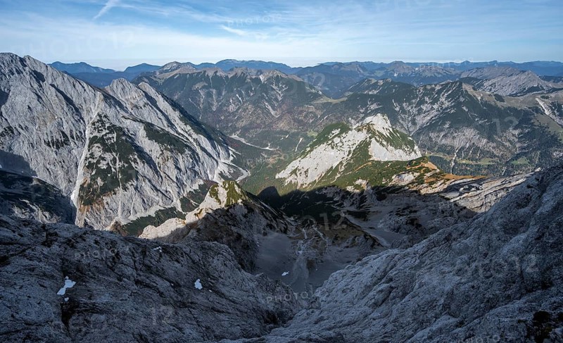 Mountain panorama from the summit of the Gamsjoch, view of Laliderer Tal and RiÃŸtal with summit Laliderer Falk, RiÃŸtal in the Eng, Karwendel, Tyrol, Austria