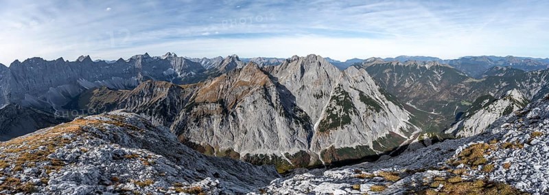 Mountain panorama from the summit of the Gamsjoch, view of the rocky mountain ridge of the Hinterautal-Vomper chain, Laliderer Tal and RiÃŸtal with summit Laliderer Falk, RiÃŸtal in the Eng, Karwendel, Tyrol, Austria