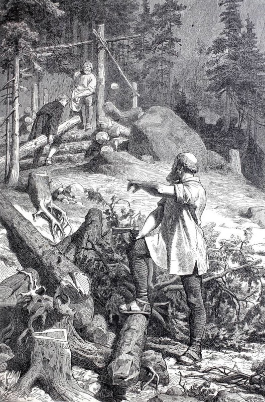 Construction of a log cabin in the forest, woodcutter, tree trunks, 18th century, Falkenstein, Bishop Klausner, Historical, digitally enhanced reproduction of a 19th century model