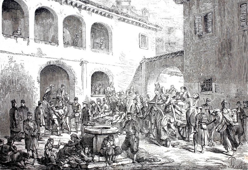 Ragusa, today Dubrovnik, in 1860, Piarist Lyceum, school, Catholic religious community, Croatia, Historical, digitally enhanced reproduction of a 19th century original