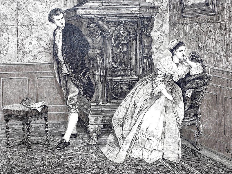 Sulking woman, annoyed with her man, living room with tiled stove, around 1870, distinguished people from Berlin, Germany, Historical, digitally enhanced reproduction of a 19th century original