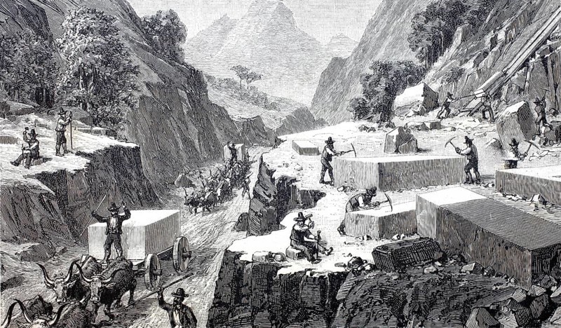The marble quarries near Carrara, Quarry, around 1870, Italy, Historical, digitally enhanced reproduction of a 19th century model