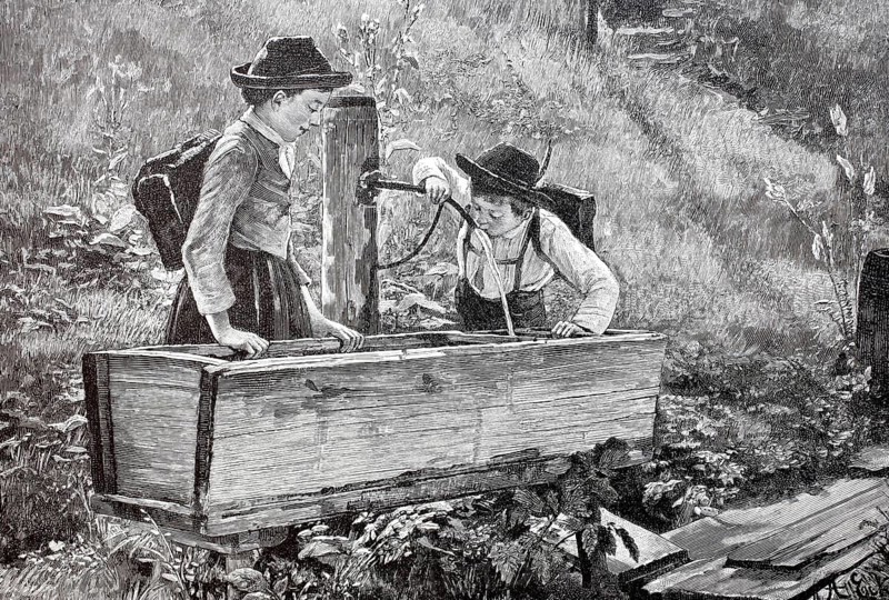 Schoolchildren drinking water at a fountain on a path, 1890, Germany, Historical, digitally enhanced reproduction of a 19th century original