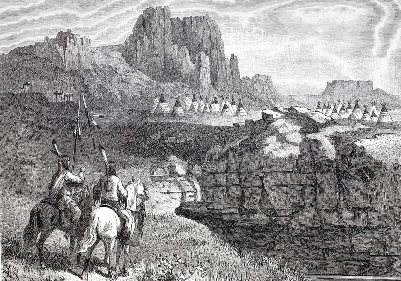 An Indian camp with tents, tepees, in West Dakota in 1860, America, Historical, digitally enhanced reproduction of a 19th century original