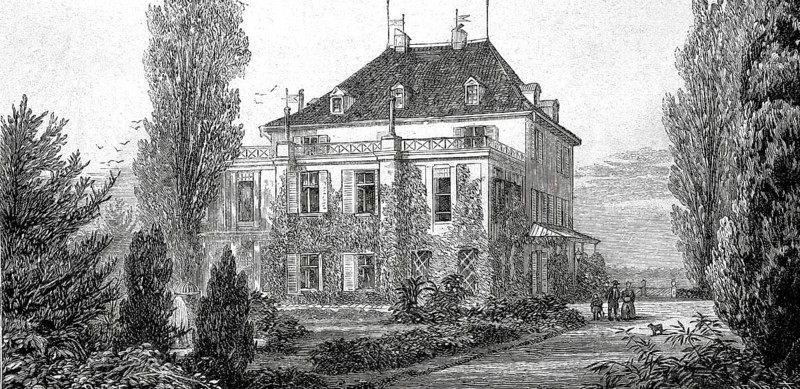 Arenenberg, castle on Untersee in the municipality of Salenstein in the canton of Thurgau in Switzerland, around 1888, Historical, digitally enhanced reproduction of a 19th century model