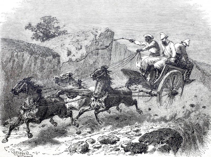 An express mail coach in the East Indies in 1870 at full speed, Carriage, Three-horse carriage, Mail coach, India, Historical, digitally enhanced reproduction of a 19th century model