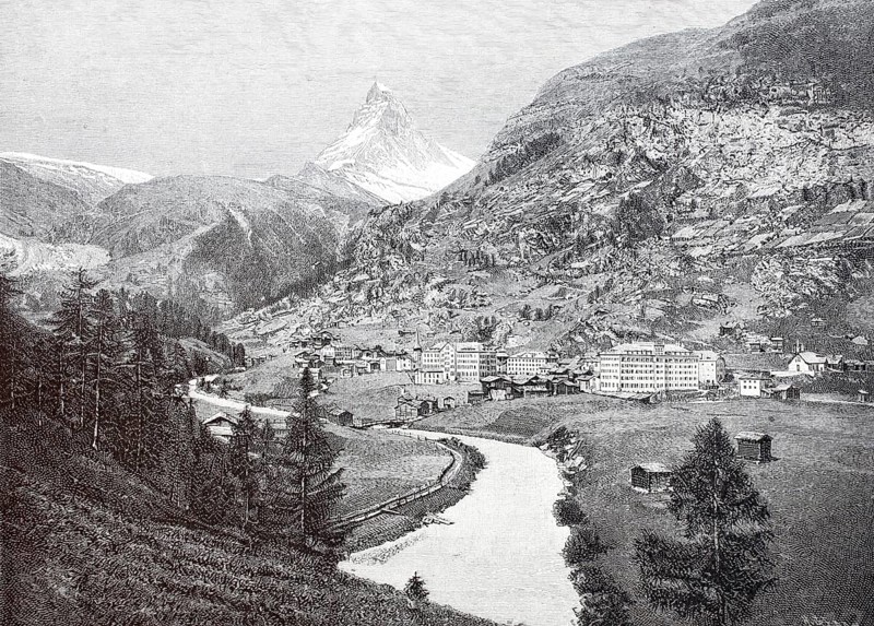 View of the Matterhorn from Zermatt, 1870, Switzerland, Historical, digitally enhanced reproduction of a 19th century original