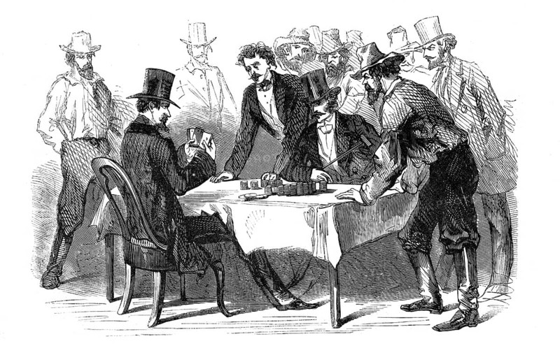 Men gambling, Card game, Poker, America, Historical, Reproduction of an original with a scene from the 19th century