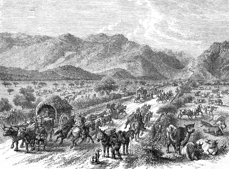 Country road with carriages from Valpardiso to St. Jago, Santiago, Chile, Historical, Reproduction from an original with a scene from the 19th century