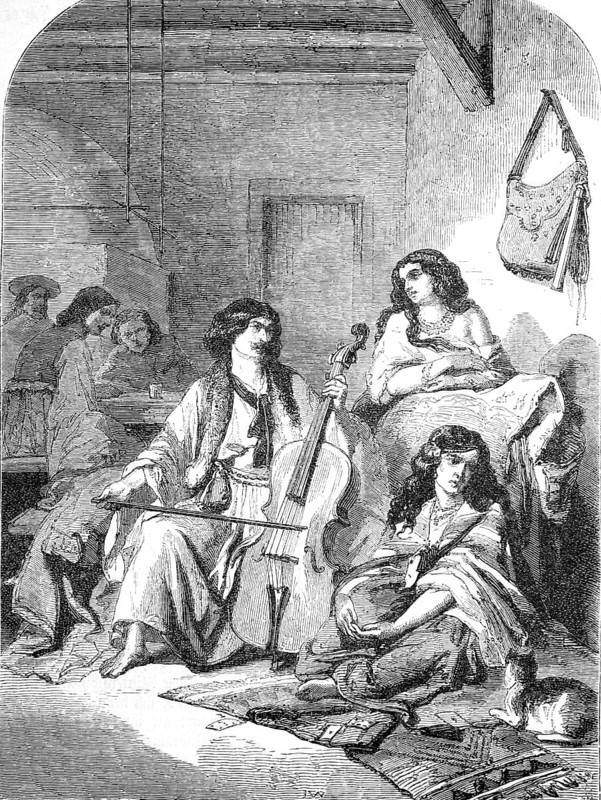 Gypsy musicians from the Moldavian region, Romania, Historical, Reproduction from a model with a scene from the 19th century