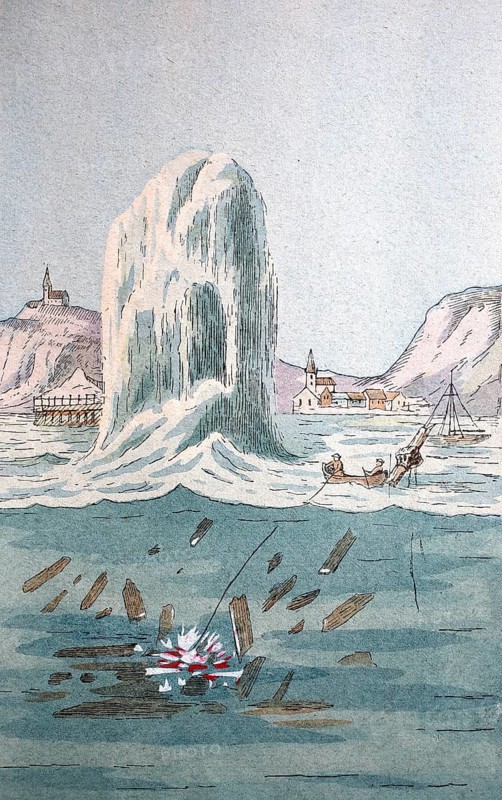 Explosion of a shipwreck by dynamite, 19th century, digitally enhanced reproduction of a 19th century model, historical, exact date unknown