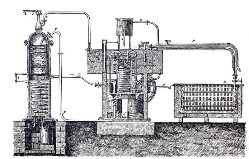 Carresche ice machine, simple form of an adsorption refrigerator utilising the heat of vaporisation of ammonia, digitally improved reproduction of a 19th century model, historical, exact date unknown