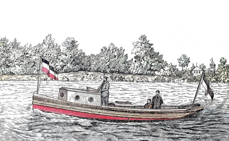 Motorboat powered by a petroleum engine, constructed by J. M. Grob & Co. in Eutritzsch-Leipzig, special factory for the construction of petroleum engines, digitally improved reproduction of a 19th century model, historical, exact date unknown