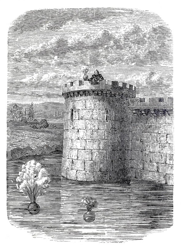Detonating bullets, precursor of the depth charge, here being tested from a castle tower in a moat, 13th century, digitally enhanced reproduction of a 19th century model, historical, exact date unknown