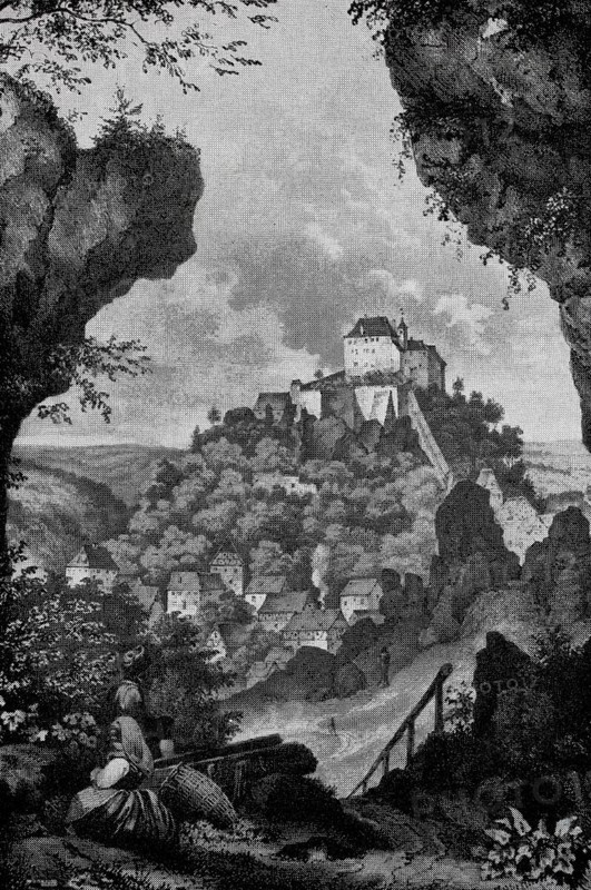 GÃ¶ÃŸweinstein, town and castle in the Middle Ages, district of Forchheim, Upper Franconia, Bavaria, Germany, digitally enhanced reproduction of a 19th century original, historical, exact date unknown