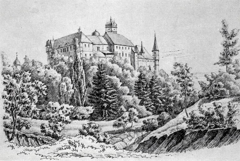 Schwarzenberg Castle near Scheinfeld in the Middle Ages, district of Neustadt an der Aisch-Bad Windsheim, Middle Franconia, Bavaria, Germany, digitally enhanced reproduction of a 19th century original, historical, exact date unknown